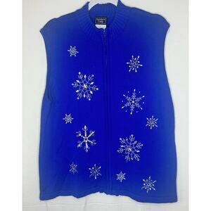Southern Lady Blue Sweater Vest With Silver Snowflakes Zip Pockets Women's 1X